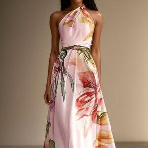 Pink Floral Satin One Shoulder Sleeveless A-Line Maxi Dress With Pockets